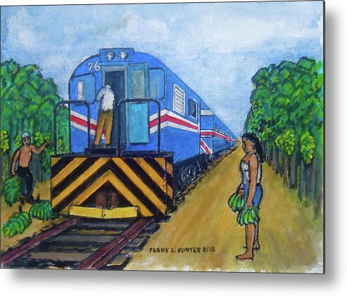 Bananas Costa Rica Limon Green Train Painted Blue Girl Holding Bananas Metal Print featuring the painting The green train from Limon Costa Rica by Frank Hunter