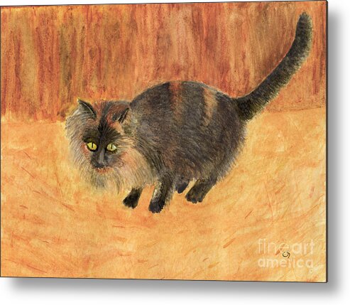 Barn Cat Metal Print featuring the painting The Mouser, Barn Cat Watercolor by Conni Schaftenaar