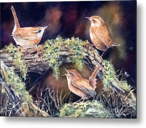 Wren Art Wren Painting Metal Print featuring the painting The talk. by Patricia Pushaw