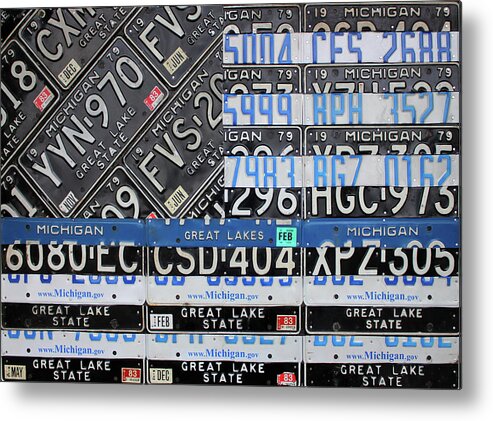 Thin Blue Line Metal Print featuring the mixed media Thin Blue Line Michigan License Plate American Flag Art by Design Turnpike