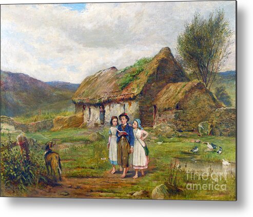 Carlton Alfred Smith - Three Children And A Dog Beside A Scottish Croft 1878 Metal Print featuring the painting Three Children and a Dog Beside a Scottish Croft by MotionAge Designs