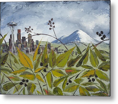 Seattle Metal Print featuring the painting To Get To the City You must go thru the Blackberries by Carolyn Doe