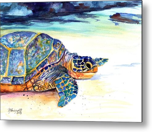 Sea Turtle Metal Print featuring the painting Turtle at Poipu Beach 2 by Marionette Taboniar