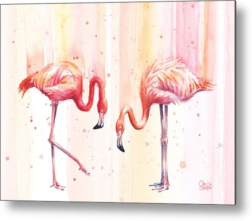 Flamingo Metal Print featuring the painting Two Flamingos Watercolor by Olga Shvartsur
