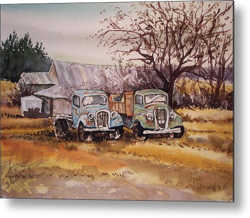 Old Farm Equipment Metal Print featuring the painting Two Old Trucks by Lynne Haines