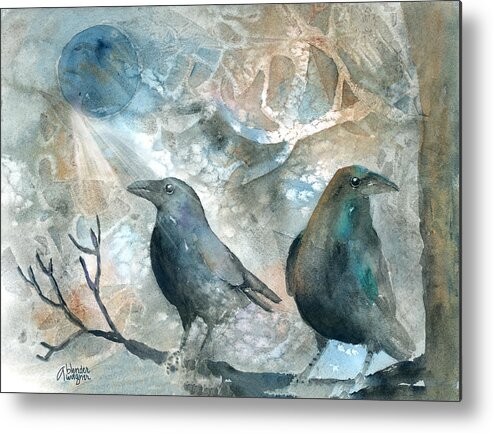 Bird Metal Print featuring the painting Two Ravens by Arline Wagner