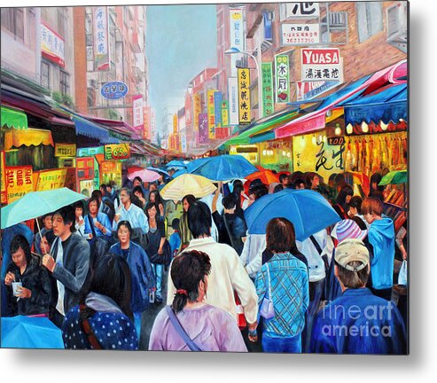 Umbrellas Metal Print featuring the painting Umbrellas up in Taiwan by Karen Cade