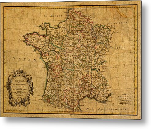 Vintage Metal Print featuring the mixed media Vintage Map of France Old Schematic Circa 1771 on Worn Distressed Parchment by Design Turnpike