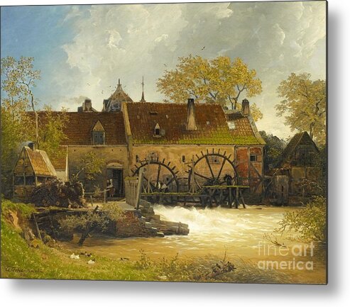 Andreas Achenbach Metal Print featuring the painting Water-mill At A River by MotionAge Designs