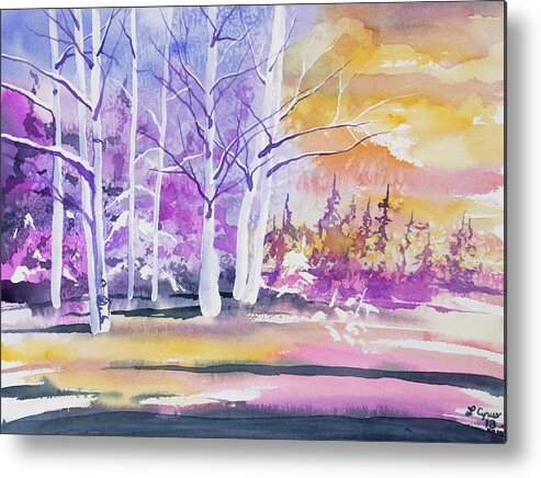 Aspen Metal Print featuring the painting Watercolor - Winter Aspen Sunrise by Cascade Colors