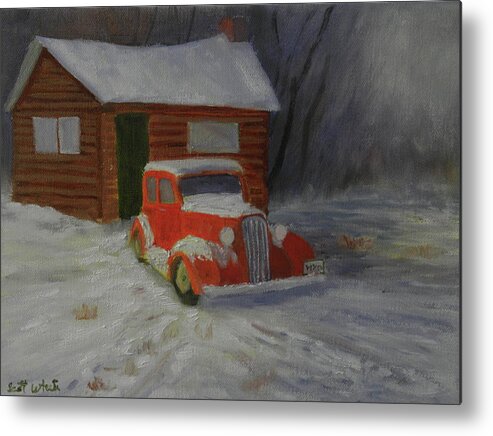 Car Home Snow Landscape Country Past Time Metal Print featuring the painting When Cars Were Big And Homes Were Small by Scott W White