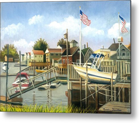Queens Metal Print featuring the painting White Boat with Flags in Broad Channel by Madeline Lovallo