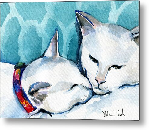 Cat Metal Print featuring the painting White Cat Affection by Dora Hathazi Mendes