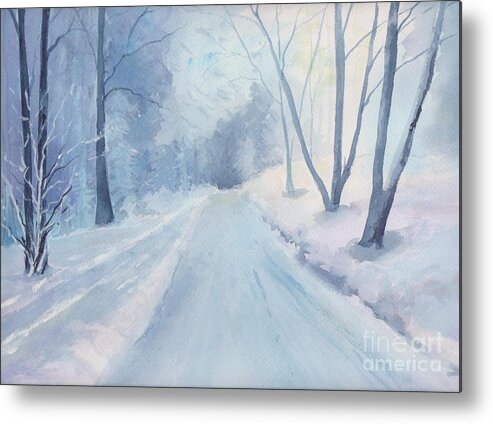 Watercolor Painting Of A Snowy Road In Winter. Reference Photo By Milos Polacek. Metal Print featuring the painting Winter Road Krkonose Mountains, from photo by Milos Polacek by Watercolor Meditations