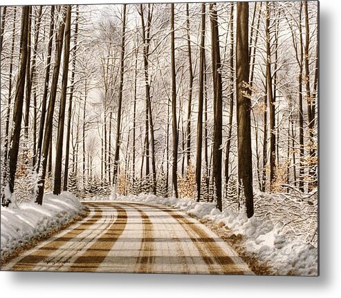 Road Metal Print featuring the painting Winter Road through the Forest by Conrad Mieschke