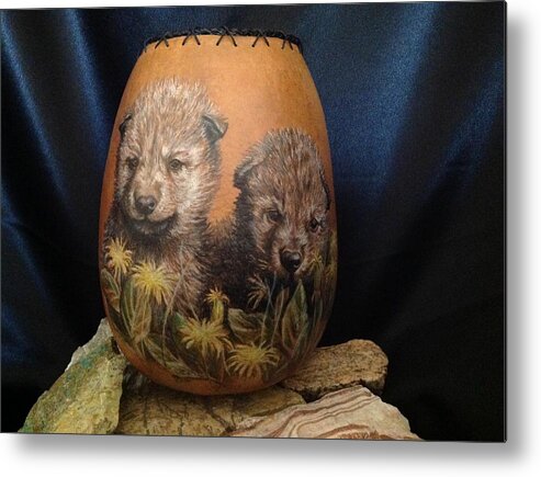 Gourd Metal Print featuring the mixed media Wolf Pups #GO74 by Barbara Prestridge