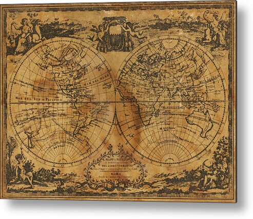 World Globe Map Old Antique Stained Yellowed 1788 Ancient Metal Print featuring the photograph World Map 1788 by Kitty Ellis