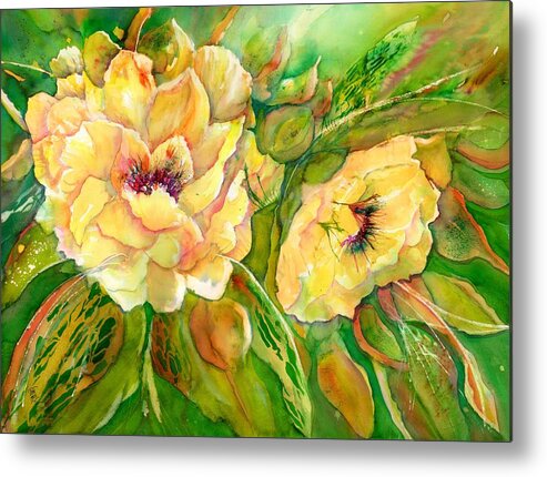 Yellow Peony Metal Print featuring the painting Yellow Peony Flowers by Sabina Von Arx