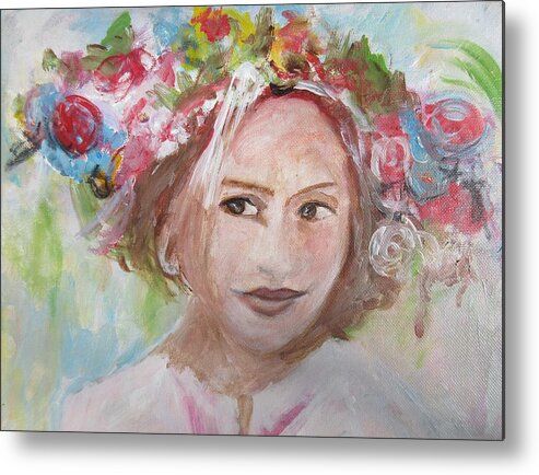 Girl Metal Print featuring the painting Ukrainian Girl with Flowers by Denice Palanuk Wilson