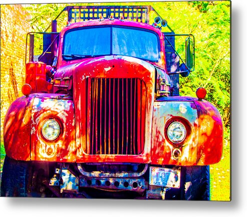 Truck Metal Print featuring the digital art An Old Red Truck in Black Mountain, North Carolina by L Bosco