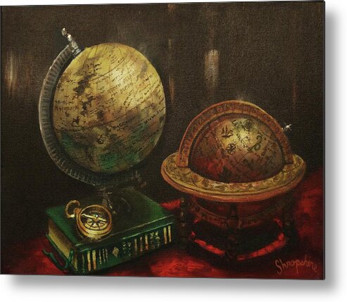 Explorers’ Club Metal Print featuring the painting Armchair Traveler by Tom Shropshire