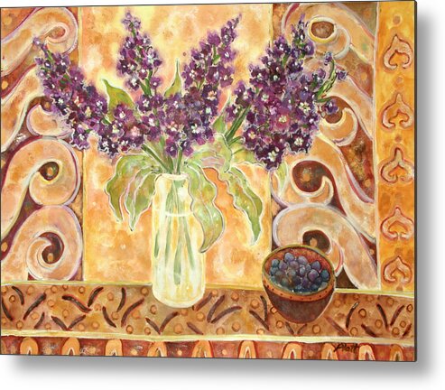 Blueberries And Flowers In Vase Metal Print featuring the painting Blueberries And Scented English Stock by Lorraine Platt