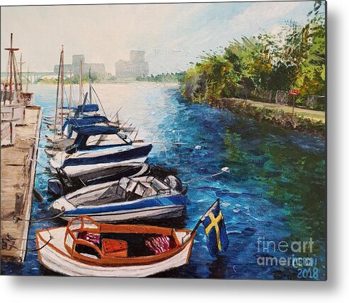 Blue Metal Print featuring the painting Boats at Riddarfjardens Marina, Stockholm, Sweden by C E Dill