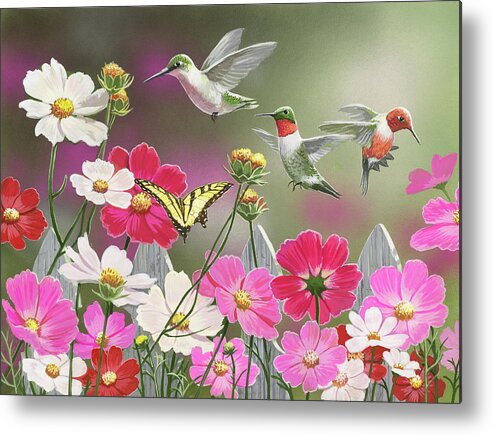 Hummingbirds Metal Print featuring the painting Cosmos And Hummingbirds by William Vanderdasson