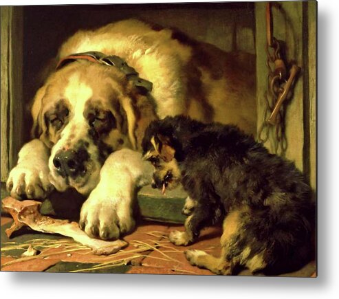 Grooming Metal Print featuring the mixed media Dogs - Doubtful Crumbs by Edwin Landseer