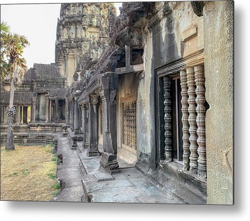 Ancient Metal Print featuring the photograph Entrance wall around Angkor Wat temple in Cambodia by Karen Foley