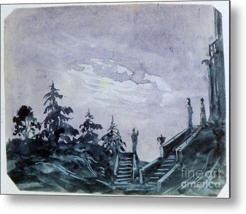 Gouache Metal Print featuring the drawing Fantasy Castle In Moonlight II by Print Collector