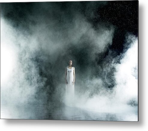 People Metal Print featuring the photograph Female In White In Rain, Misty Night by Jonathan Knowles