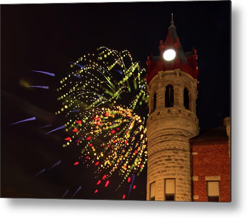 Peter Herman Fireworks Stoughton Wi Clock Tower Iconic Abstract Wisconsin Nightime Dark Fire Opera House City Hall Metal Print featuring the photograph Fireworks at Stoughton WI Clock Tower Opera House City Hall by Peter Herman