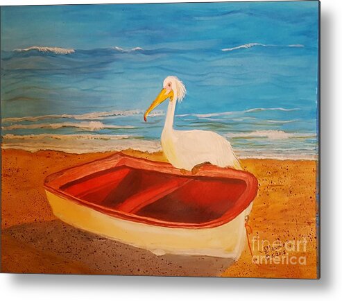 Great Egret Metal Print featuring the painting Great Egret Guarding Fishing Boat by Elizabeth Mauldin