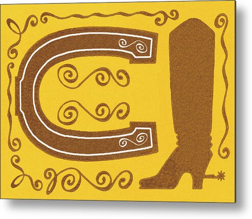 Boot Metal Print featuring the drawing Horse shoe and cowboy boot by CSA Images