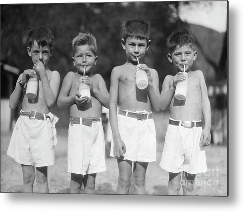 Milk Metal Print featuring the photograph Patients Drinking Milk Outdoors by Bettmann