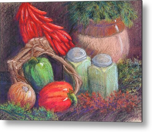 Still Life Metal Print featuring the pastel Peppers, Etc. by Candy Mayer