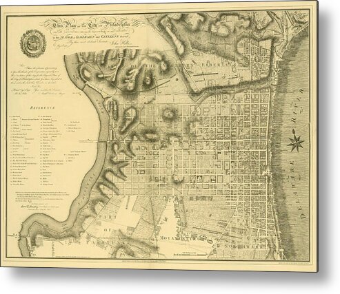 Philadelphia Metal Print featuring the mixed media Plan of the City of Philadelphia and Its Environs shewing the improved parts, 1796 by John Hills