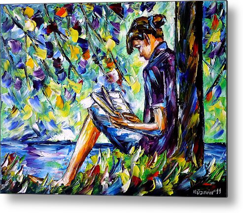 Girl With A Book Metal Print featuring the painting Reading By The River by Mirek Kuzniar