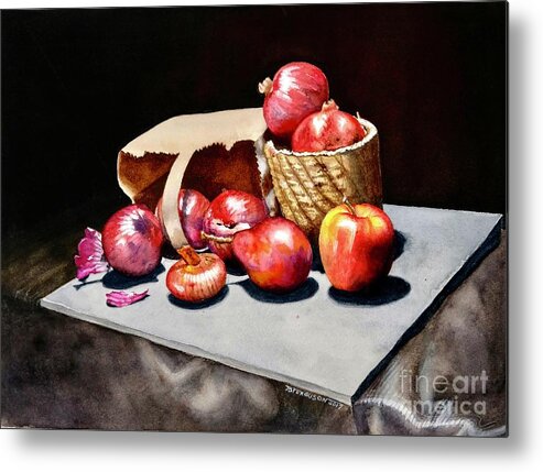 Still Life Metal Print featuring the painting Red Onions and Red Fruit by Jeanette Ferguson