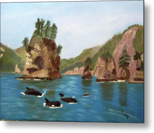 Alaska Metal Print featuring the painting Sea Stacks and Orcas by Linda Feinberg