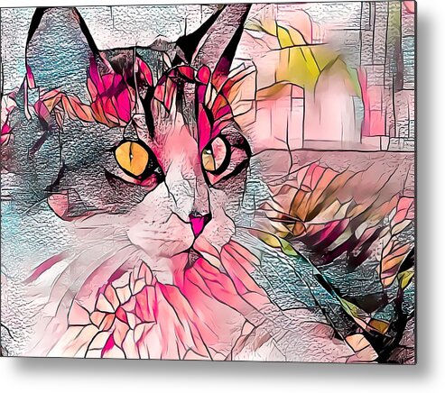 Glass Metal Print featuring the digital art Stained Glass Cat Profile Warm Colors by Don Northup