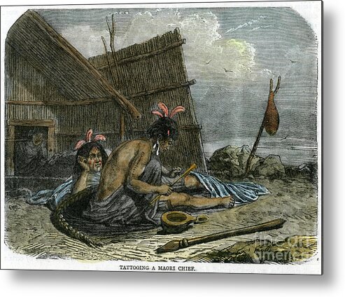 Engraving Metal Print featuring the drawing Tattooing A Maori Chief, New Zealand by Print Collector