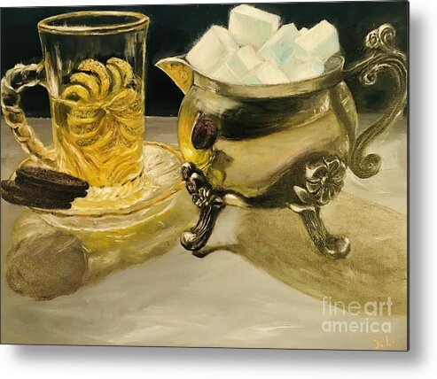 Oil Painting On Canvas Of A Glass Cup Of Tea Metal Print featuring the painting Tea Time painting in oil by Lavender Liu