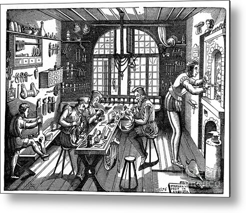 Bellows Metal Print featuring the drawing The Studio Of Etienne Delaune, 1576 by Print Collector