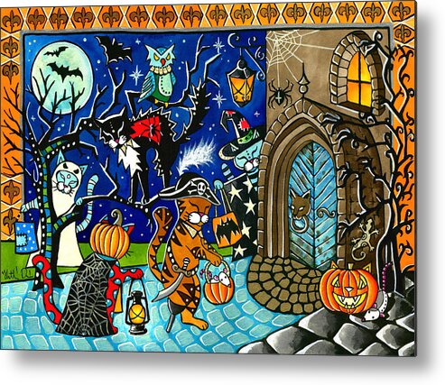 Trick Or Treat Halloween Cats Metal Print featuring the painting Trick Or Treat Halloween Cats by Dora Hathazi Mendes