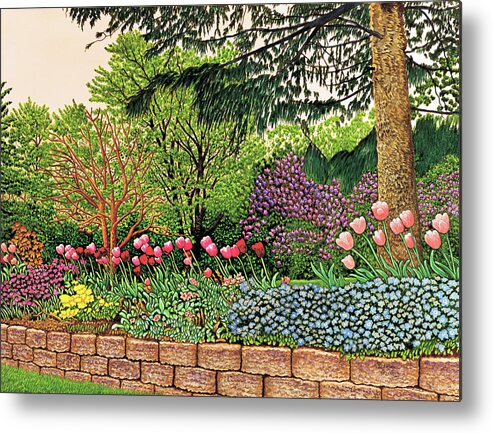 Garden Scene Metal Print featuring the painting Tulips And Lilacs by Thelma Winter