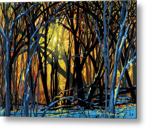 Winter Metal Print featuring the painting Winter Sunset in the Forest by Lynn Hansen