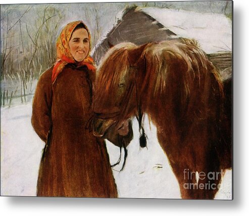 Horse Metal Print featuring the drawing Woman With A Horse by Print Collector