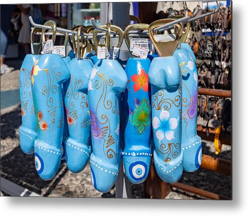 Hanging Metal Print featuring the photograph Penis Bottle Openers in Firá on Santorini in South Aegean Islands, Greece #2 by Moonstone Images